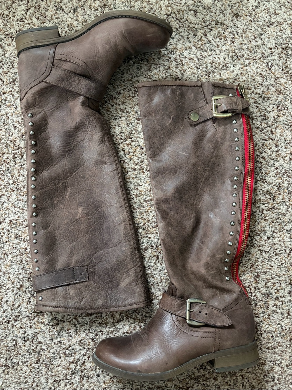 Brown Tall Boots with Red Back Zip
